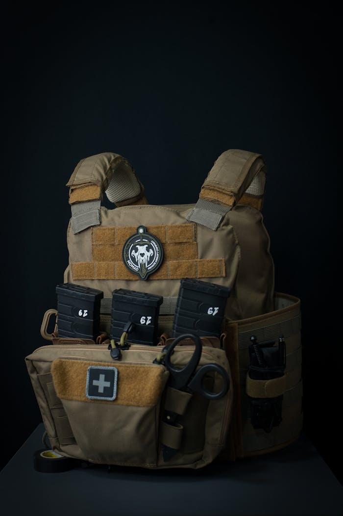 Services Close-up of a tactical vest with magazines and tools against a black background.